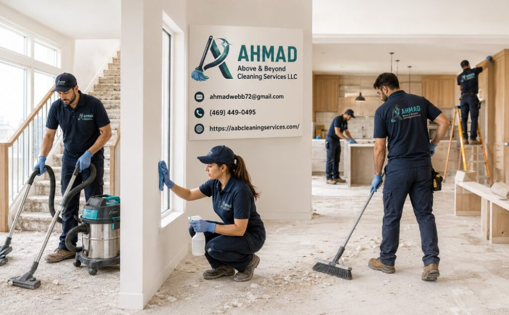 AHMAD Above & Beyond Cleaning Services team performing post-construction cleaning in a newly renovated home