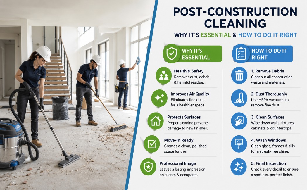 Post-construction cleaning services showing professional cleaners removing dust, debris, and construction residue