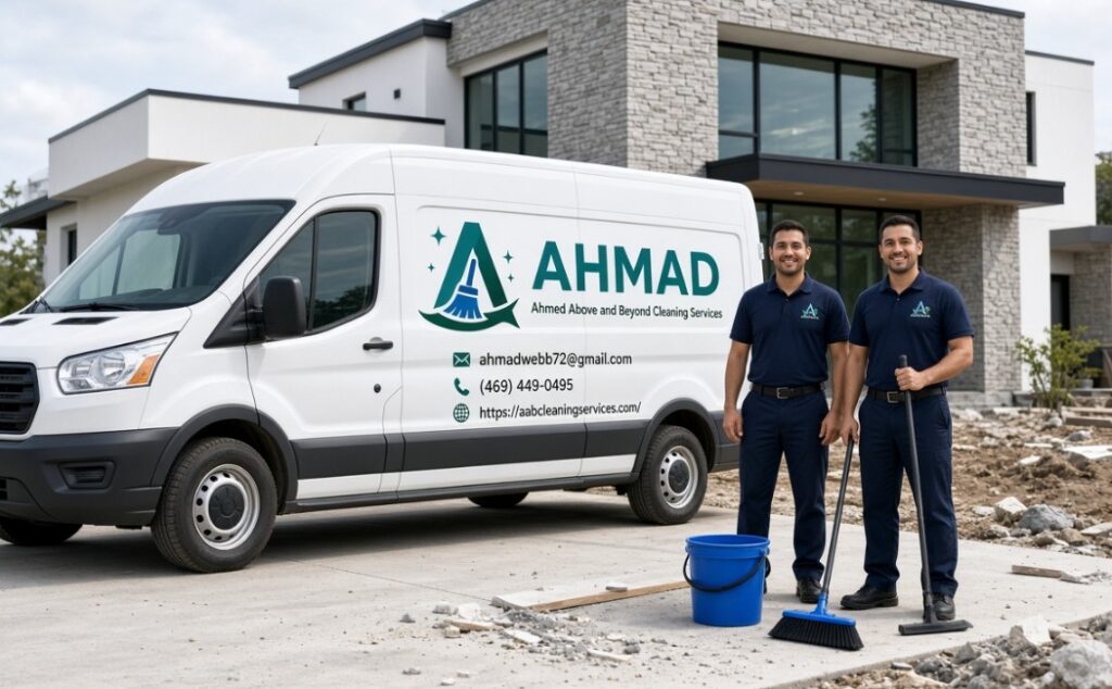 Ahmed Above and Beyond Cleaning Services team of experts standing next to branded white van with logo, phone (469) 449-0495, email ahmadwebb72@gmail.com and website aabcleaningservices.com in front of a modern newl