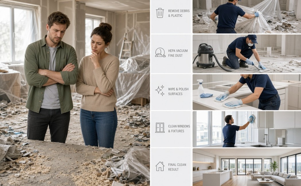 Homeowners looking concerned in a dusty post-construction house while professional cleaning steps are shown on the right side including debris removal, HEPA vacuuming, surface wiping, window cleaning and final clea