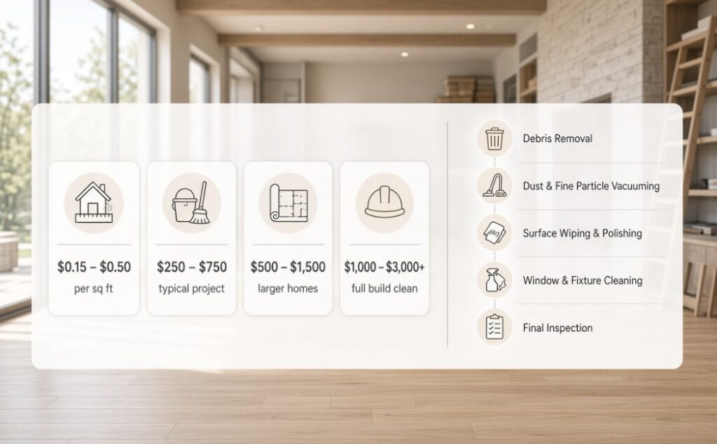 Post construction cleaning cost guide showing price ranges from $0.15 to $3,000+ per project along with essential steps debris removal, dust vacuuming, surface polishing, window cleaning and final inspection