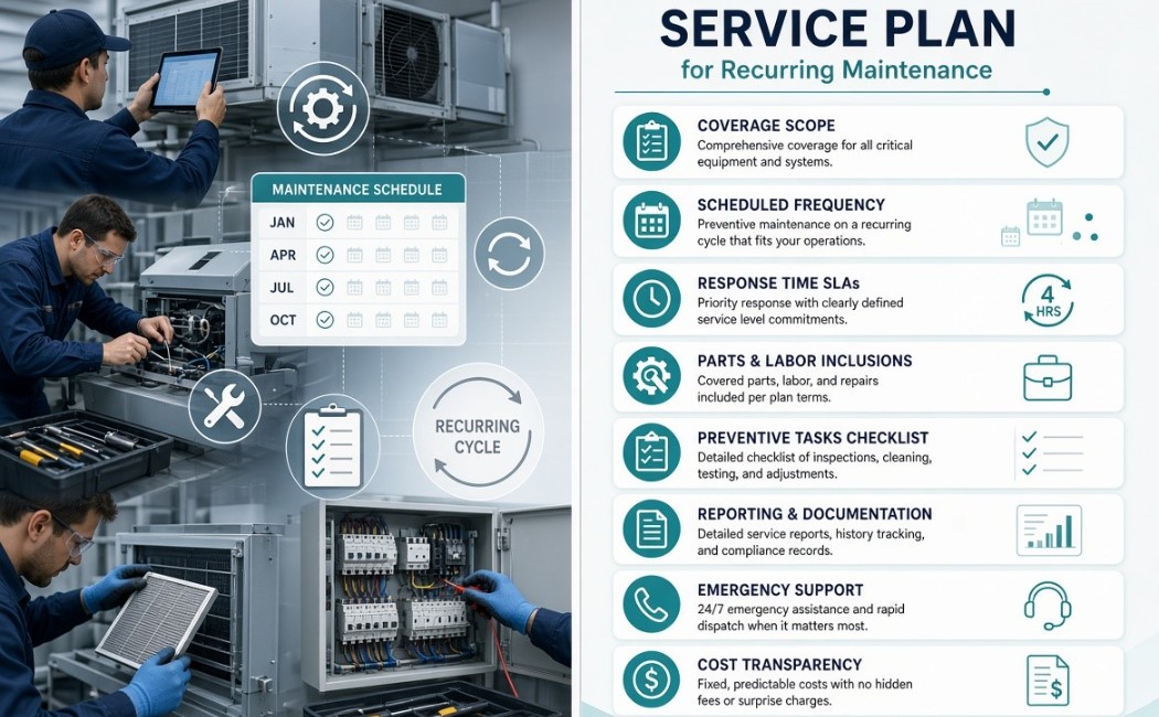 recurring maintenance technicians inspecting HVAC and electrical systems on the left and a detailed service plan checklist including coverage scope